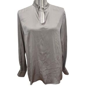 Eleventy Silk Stretch Band Collar Keyhole Blouse IT 42 Medium Taupe Made Italy‎